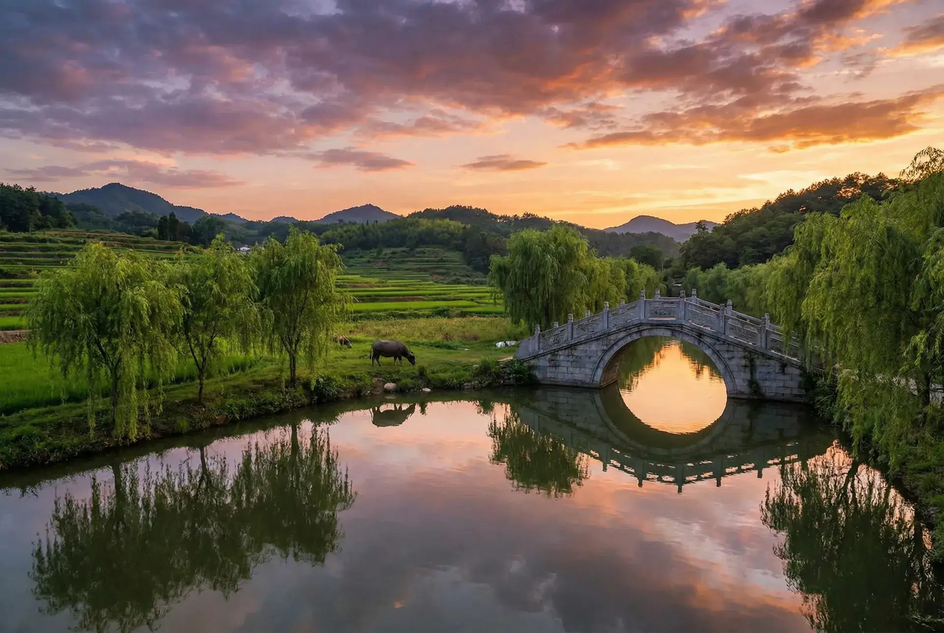 夕阳下的石拱桥与垂柳，水牛在河边吃草 - 中文字幕AV影片在线手机播放 乡村美景